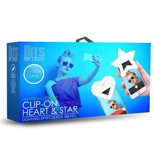 Caja azul Bytech con luces clip on corazón y estrella para selfies en vista diagonal