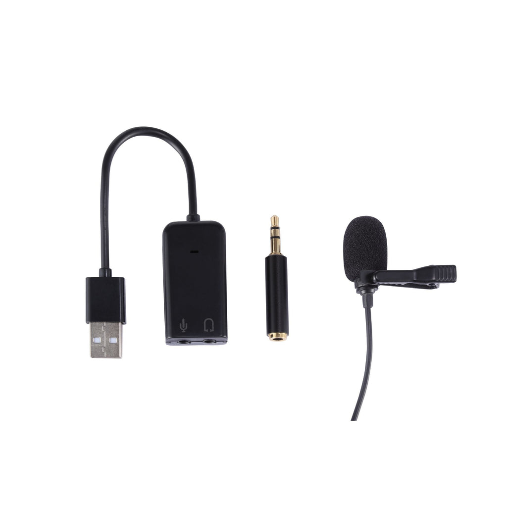 Micrófono lavalier negro con clip, conector USB y plug de 3,5 mm en vista frontal