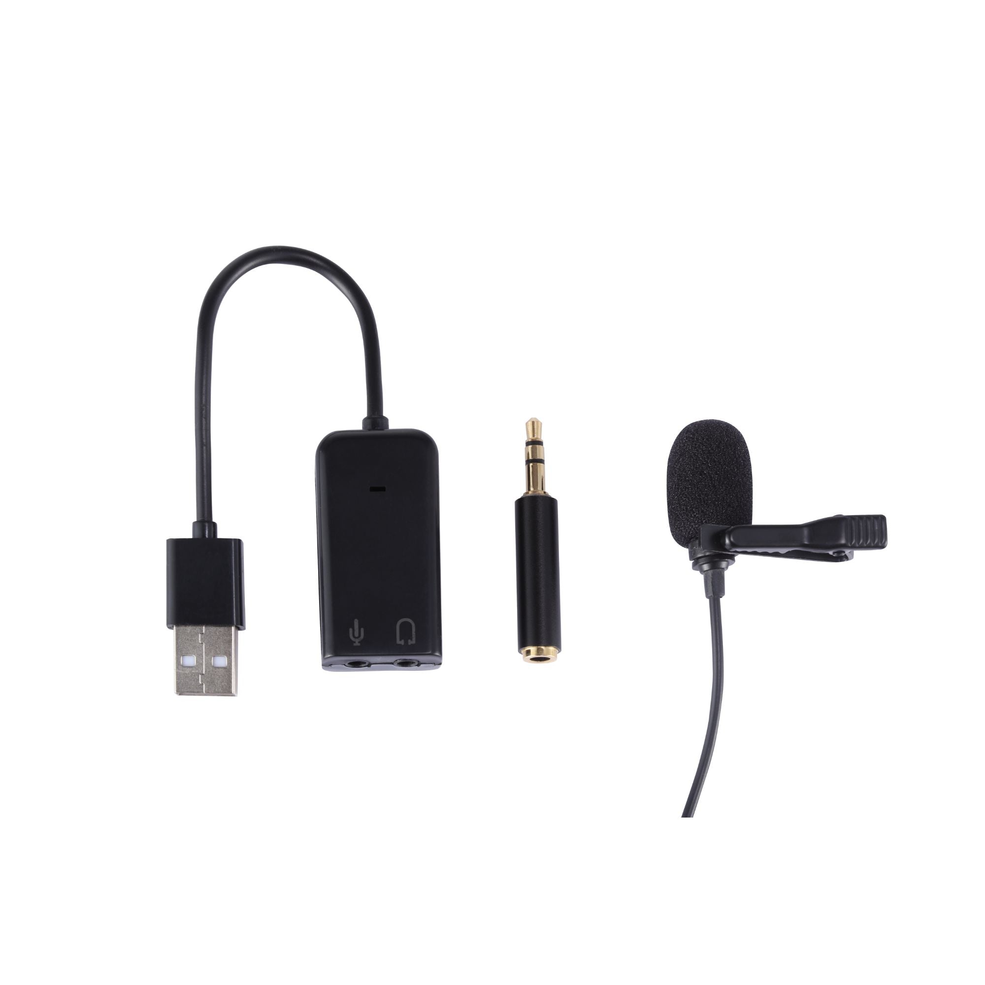 Micrófono lavalier negro con clip, conector USB y plug de 3,5 mm en vista frontal