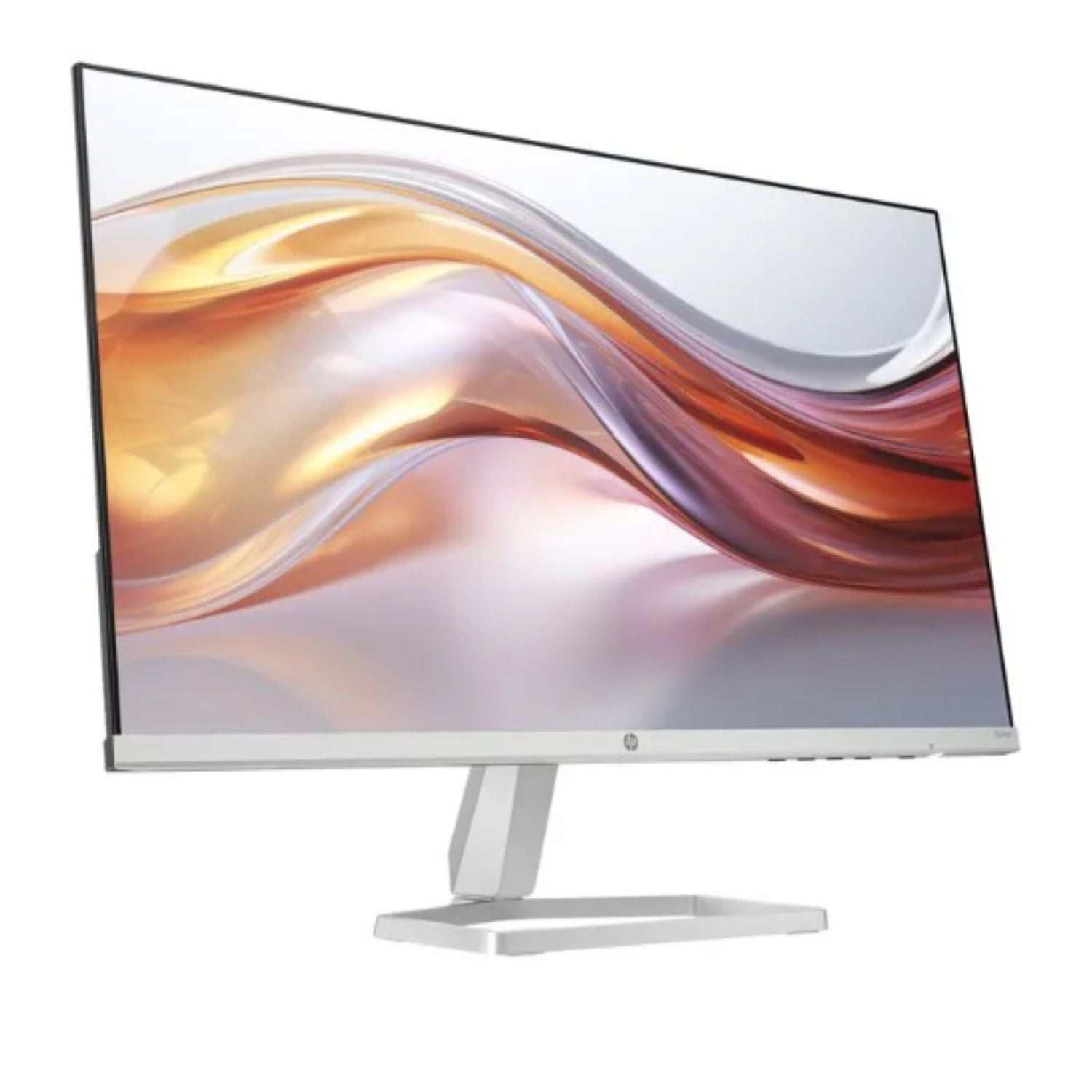 Monitor HP blanco con bisel delgado, base rectangular y pantalla con ondas en vista frontal
