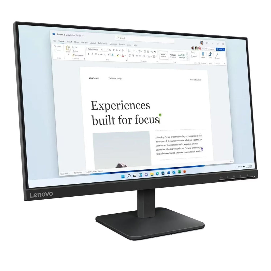 Monitor Lenovo negro en vista trasera con puertos, rejillas de ventilación y soporte