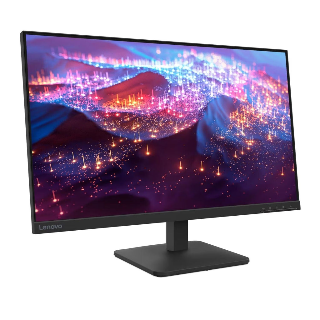 Monitor Lenovo negro visto desde atrás con soporte central y puertos inferiores