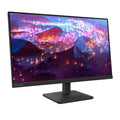Monitor Lenovo negro visto desde atrás con soporte central y puertos inferiores