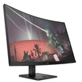 Monitor curvo OMEN negro para gaming con soporte ajustable en vistas frontal y diagonal