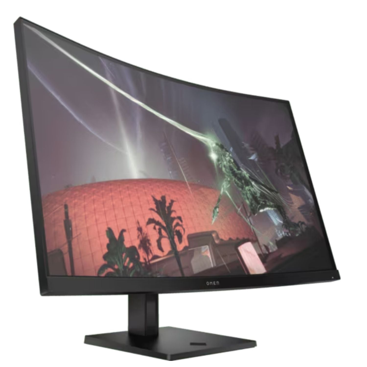 Monitor curvo OMEN negro para gaming con soporte ajustable en vistas frontal y diagonal