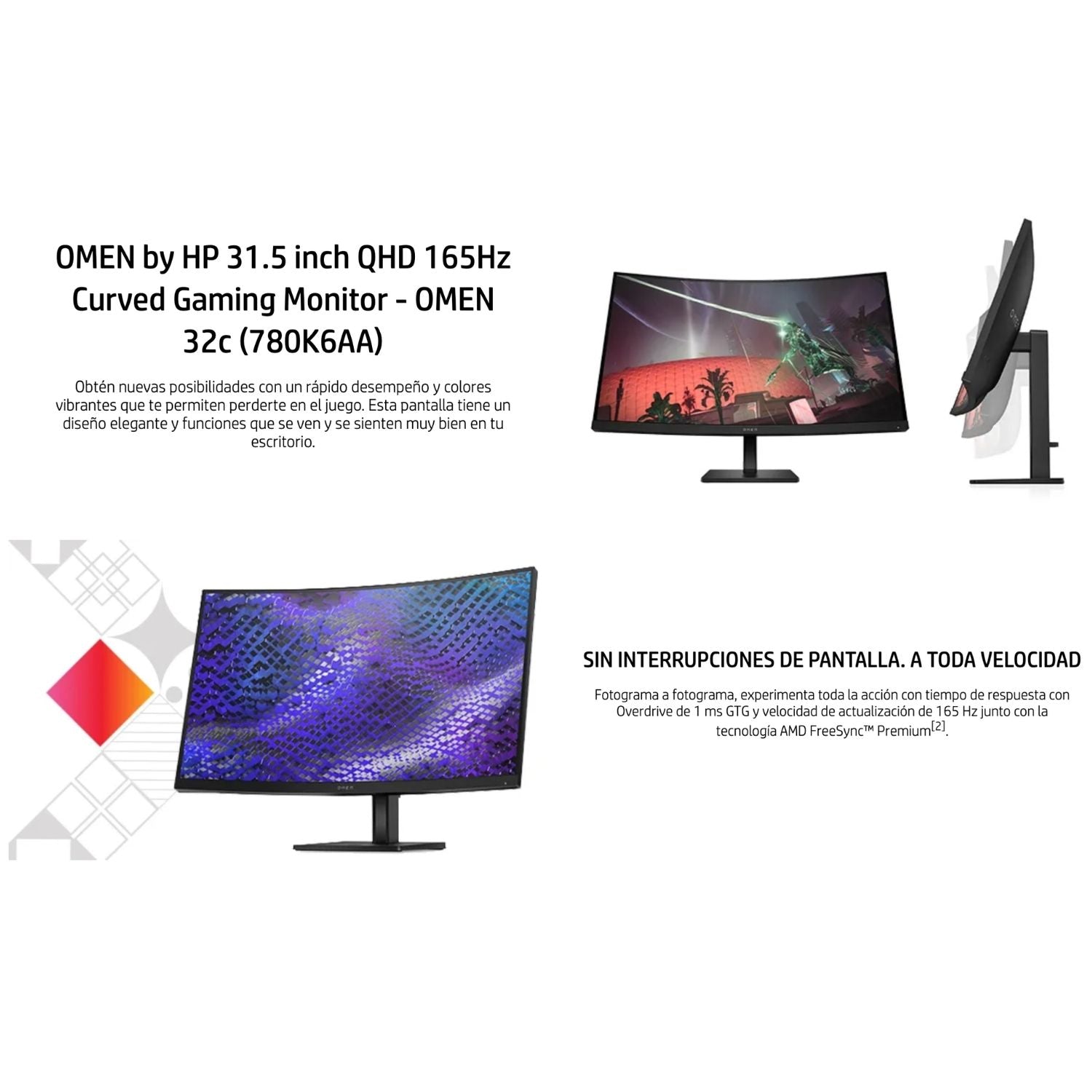 Monitor curvo OMEN by HP 32c negro de 31,5 pulgadas con base, vista frontal y lateral
