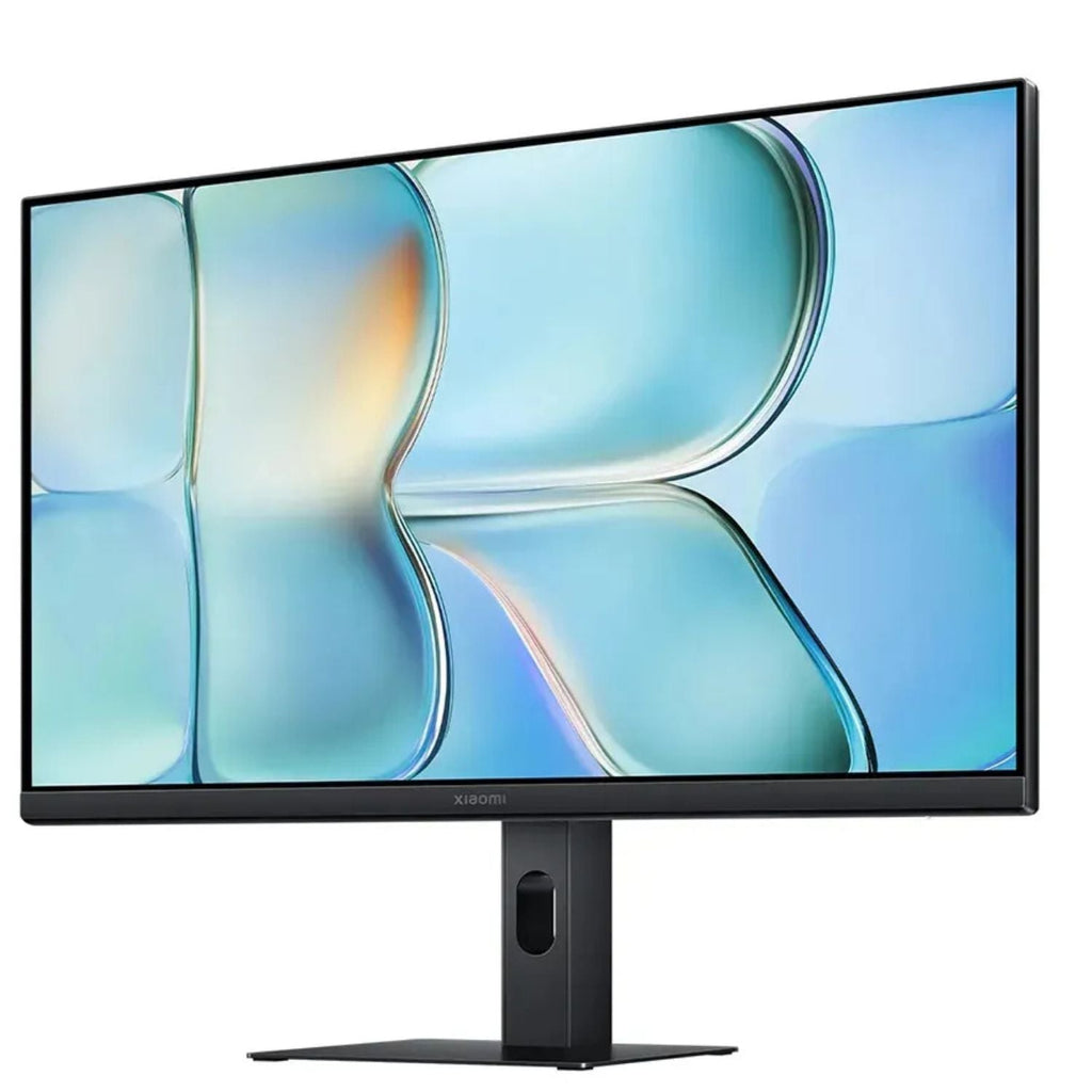 Monitor Xiaomi negro con biseles delgados y soporte central en vista frontal
