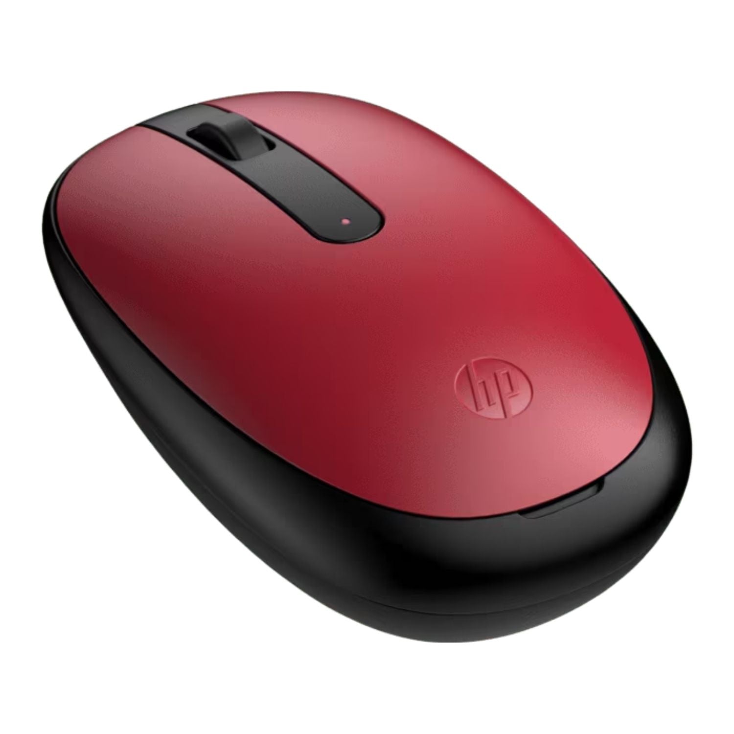 Mouse rojo y negro en vista lateral con rueda de desplazamiento visible