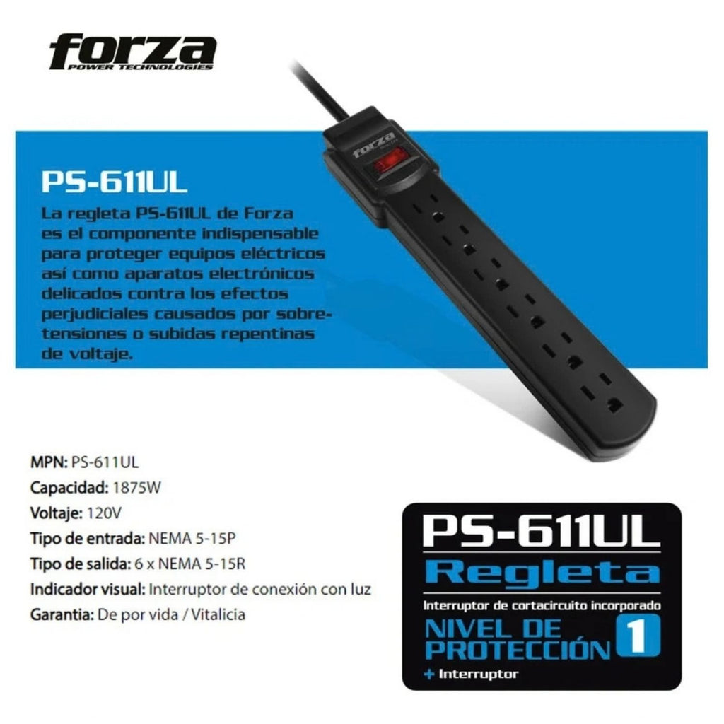 Regleta Forza PS-611UL 110V 6 Tomas NEMA Breaker Térmico Montaje Pared Escritorio Cable 90cm Negro Original