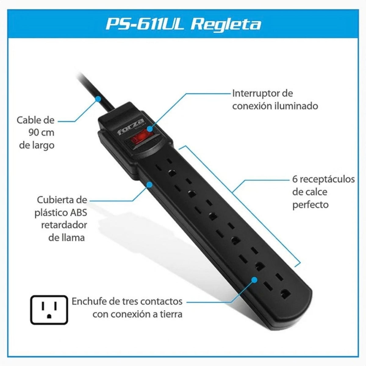 Regleta Forza PS-611UL 110V 6 Tomas NEMA Breaker Térmico Montaje Pared Escritorio Cable 90cm Negro Original