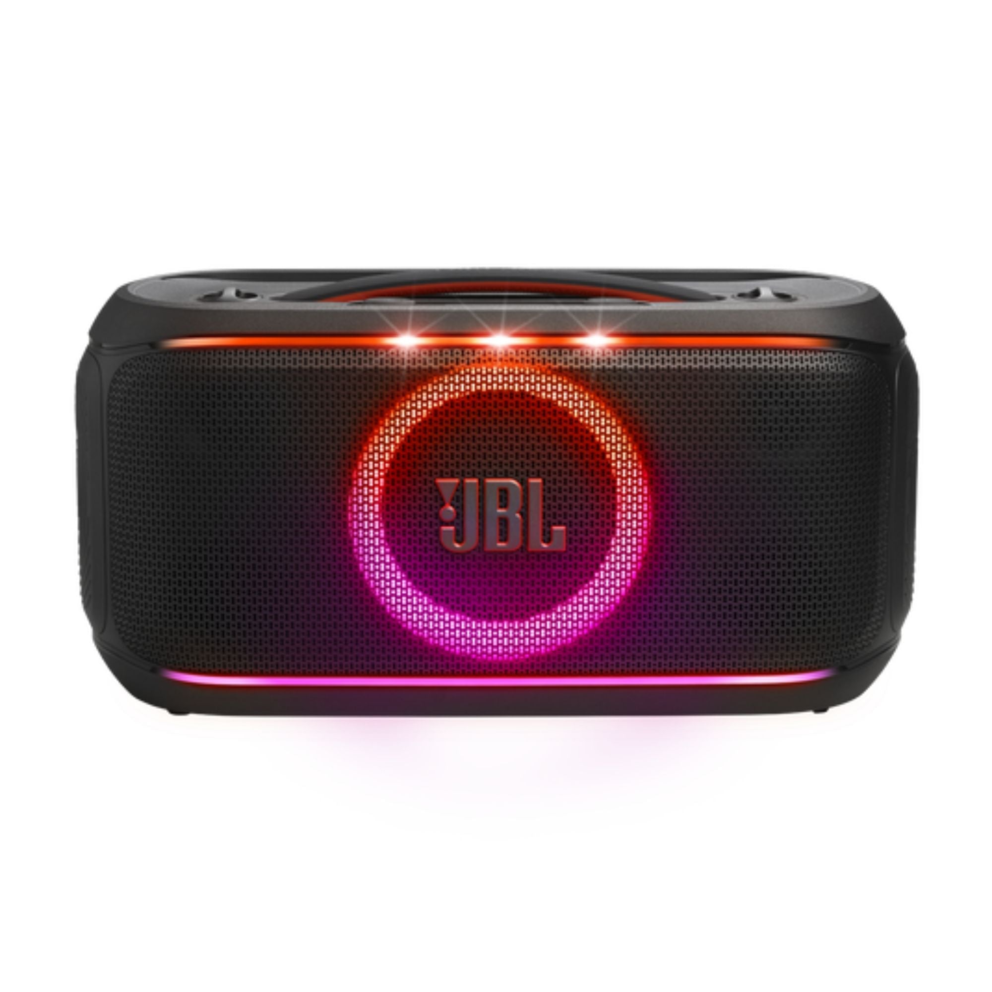 Parlante JBL negro con luces LED circulares, correa y micrófono en vista frontal diagonal