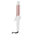 Rizador de cabello Vivitar blanco y rosa dorado con pinza y cable en vista frontal