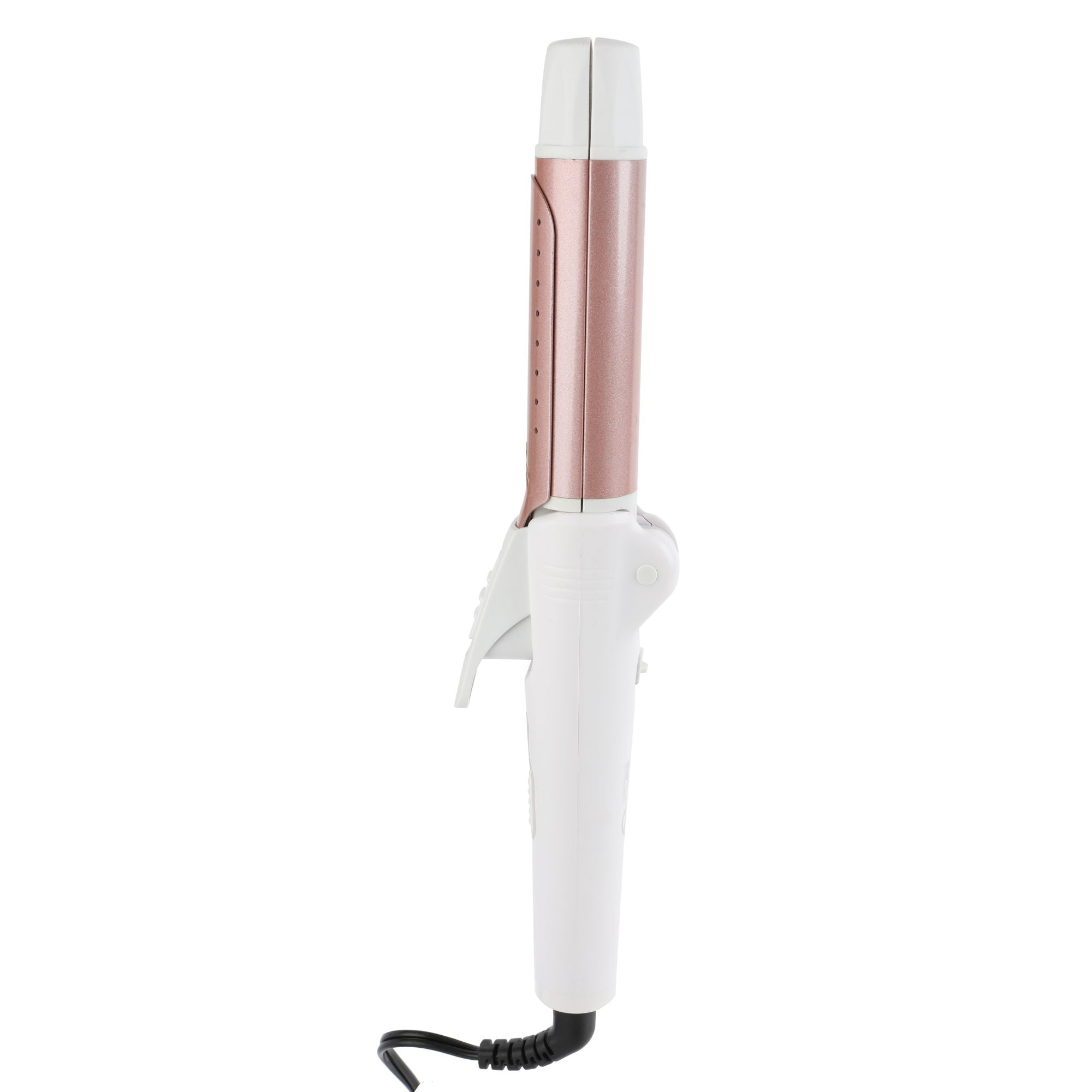 Rizador de cabello Vivitar blanco y rosa dorado con pinza y cable en vista frontal