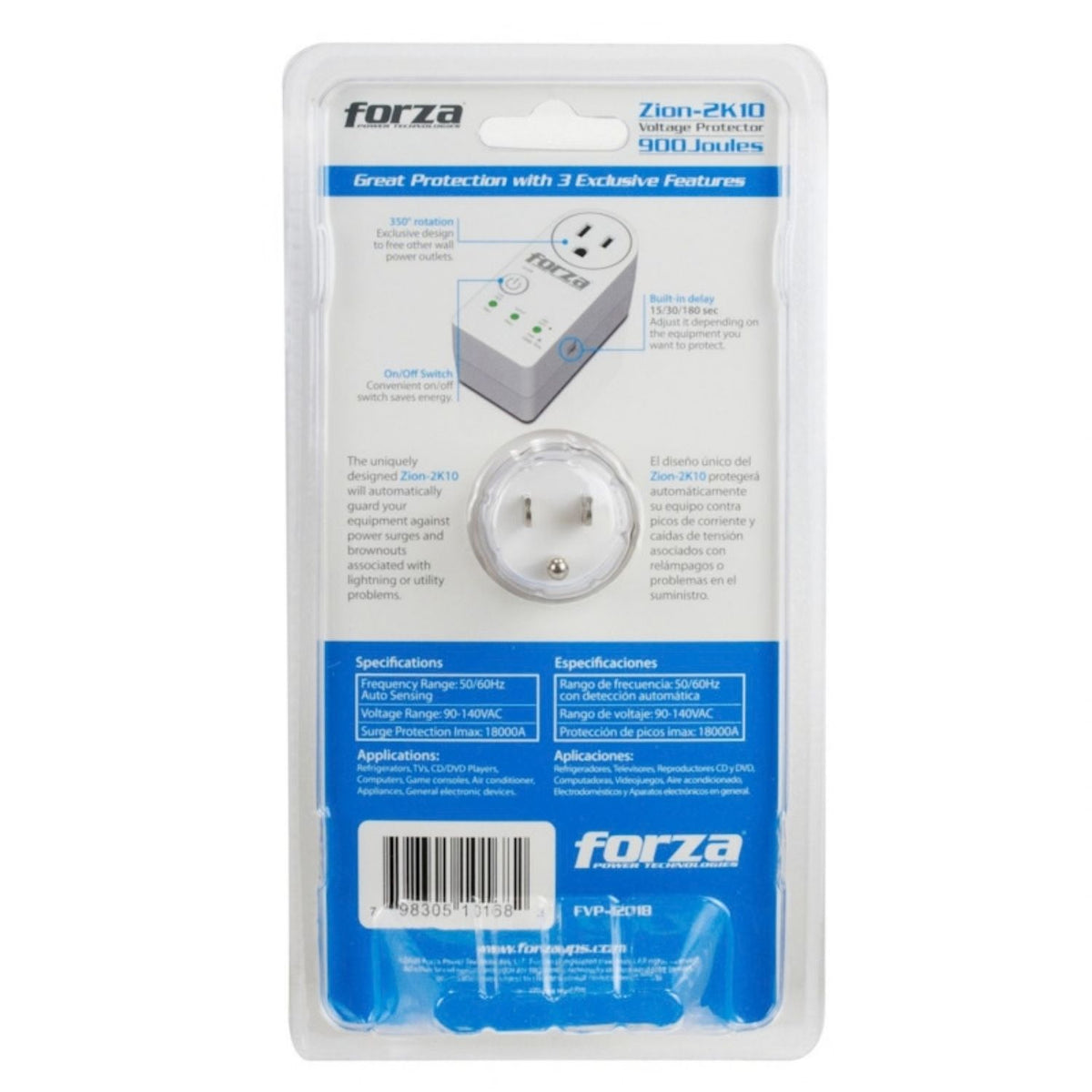 Protector de Voltaje Forza Zion-2K10B 120V 900J 1 Toma NEMA Protección Sobretensión Brownout Blanco Original