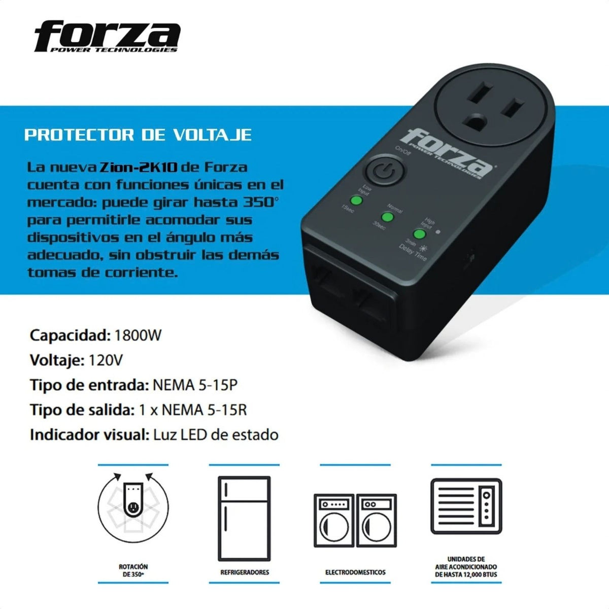 Protector de Voltaje Forza Zion-2K10N 120V 900J 1 Toma NEMA RJ45 Protección Voltaje y Datos Negro Original