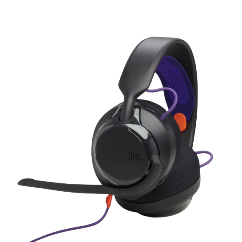 Audífonos gamer JBL Quantum 250 negros con micrófono en caja naranja vista diagonal