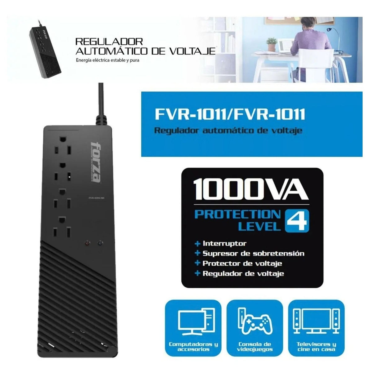Regulador de Voltaje Forza FVR-1011 AVR 1000VA 500W 115V 4 Tomas NEMA Protección Brownout Negro Original
