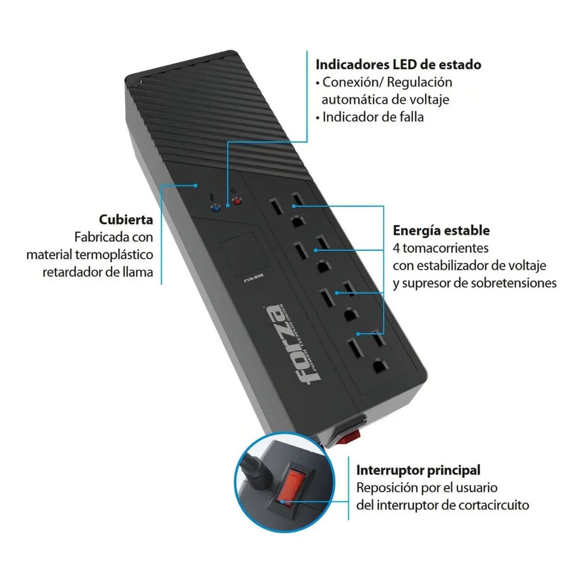 Regulador de Voltaje Forza FVR-1011 AVR 1000VA 500W 115V 4 Tomas NEMA Protección Brownout Negro Original