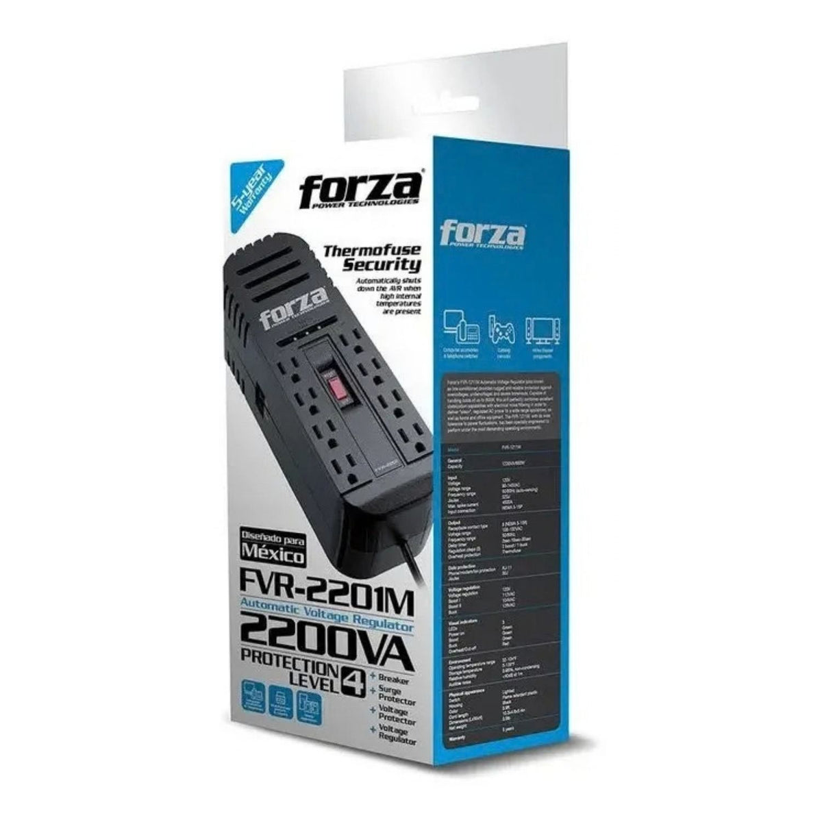 Regulador de Voltaje Forza FVR-2201 AVR 2200VA 1100W 115V 8 Tomas NEMA Protección Brownout Negro Original