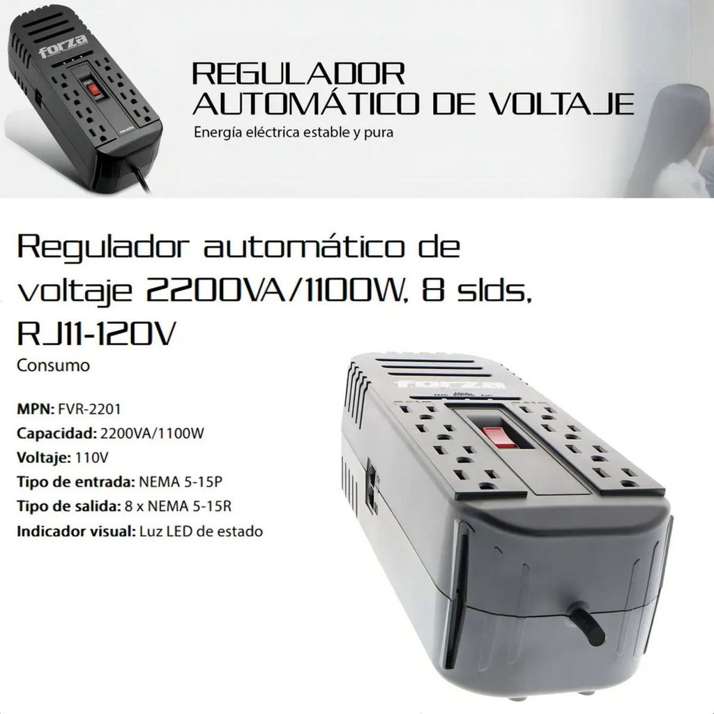Regulador de Voltaje Forza FVR-2201 AVR 2200VA 1100W 115V 8 Tomas NEMA Protección Brownout Negro Original