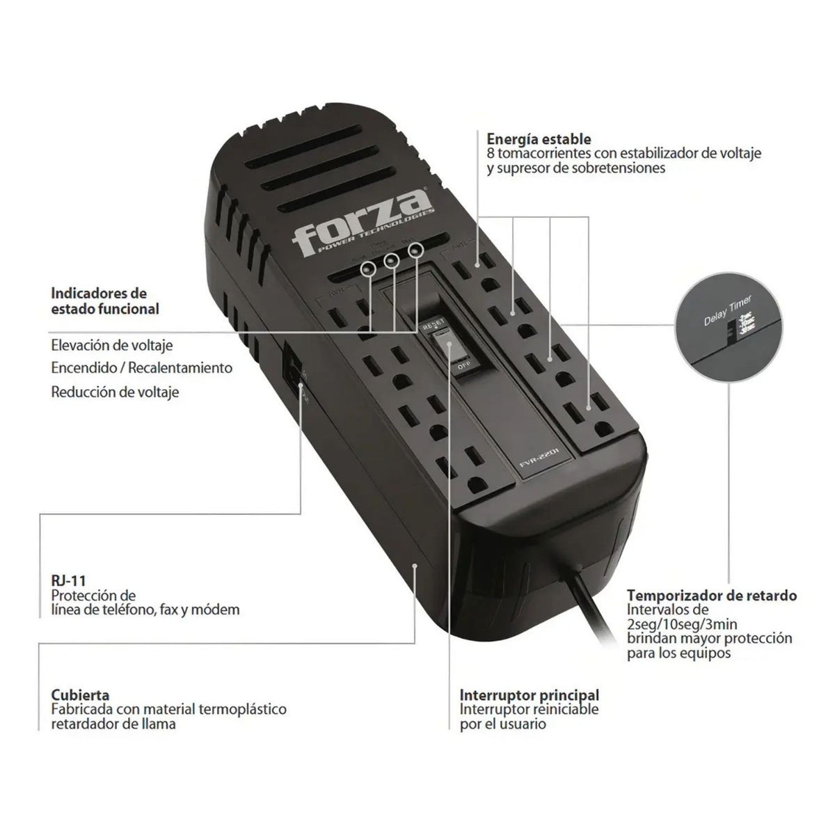 Regulador de Voltaje Forza FVR-2201 AVR 2200VA 1100W 115V 8 Tomas NEMA Protección Brownout Negro Original