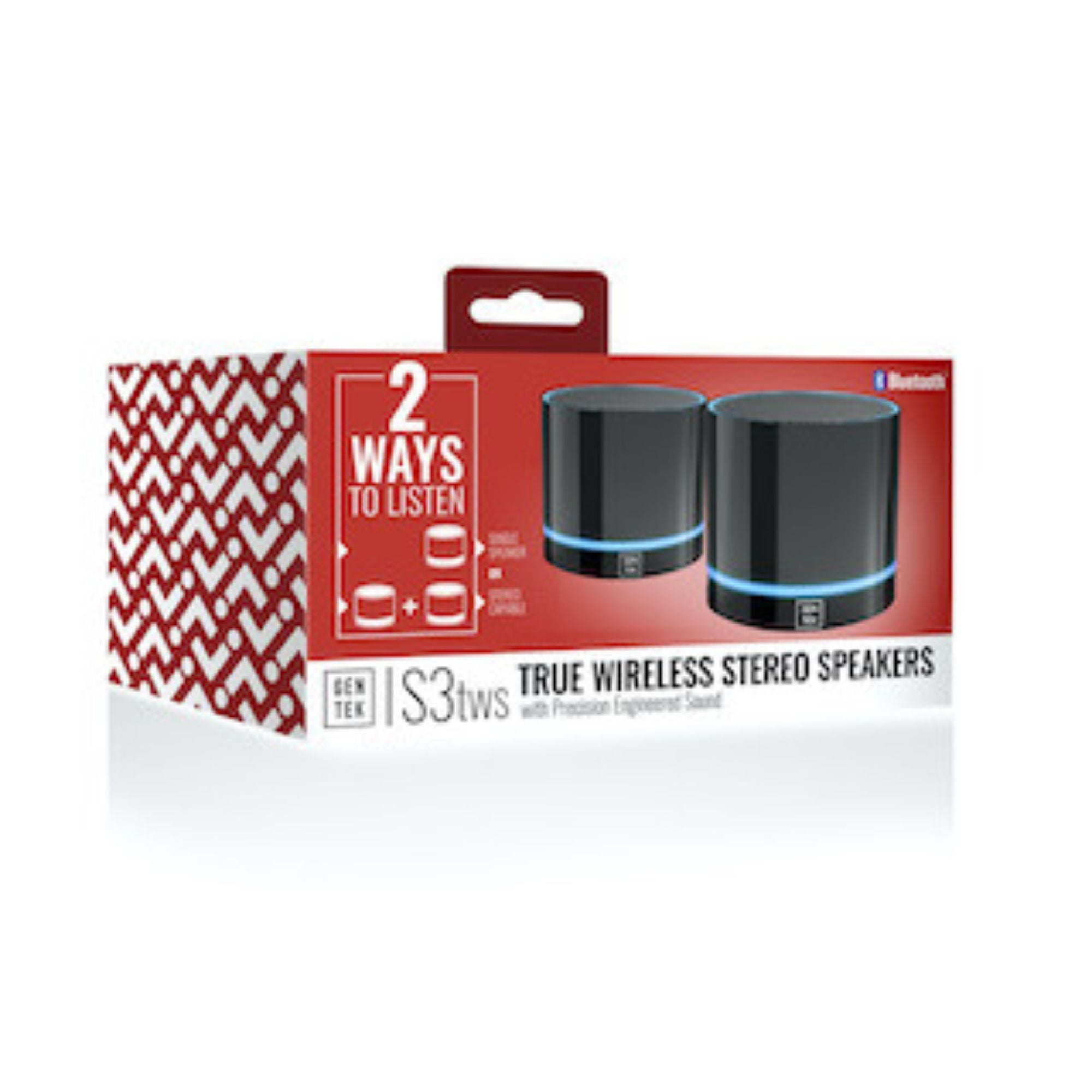 Parlantes inalámbricos Gen Tek S3TWS negros en caja roja vista frontal y trasera