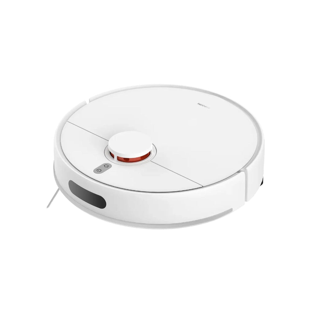 Robot aspirador Xiaomi blanco en vista diagonal con sensor superior y cepillo Vivitar rosa