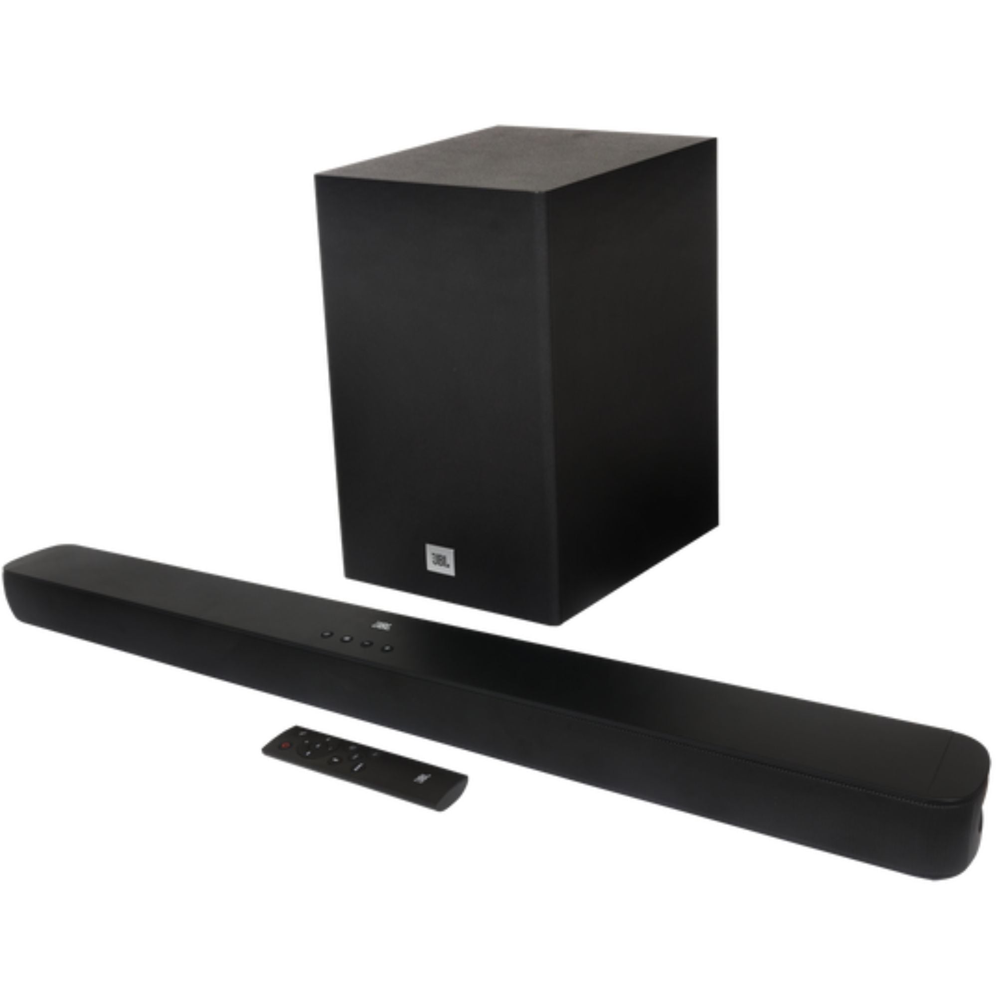Parlante JBL negro con vistas frontal y trasera, woofer y puerto bass reflex