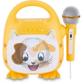 Karaoke infantil amarillo con altavoz de gato y dos micrófonos, vista frontal