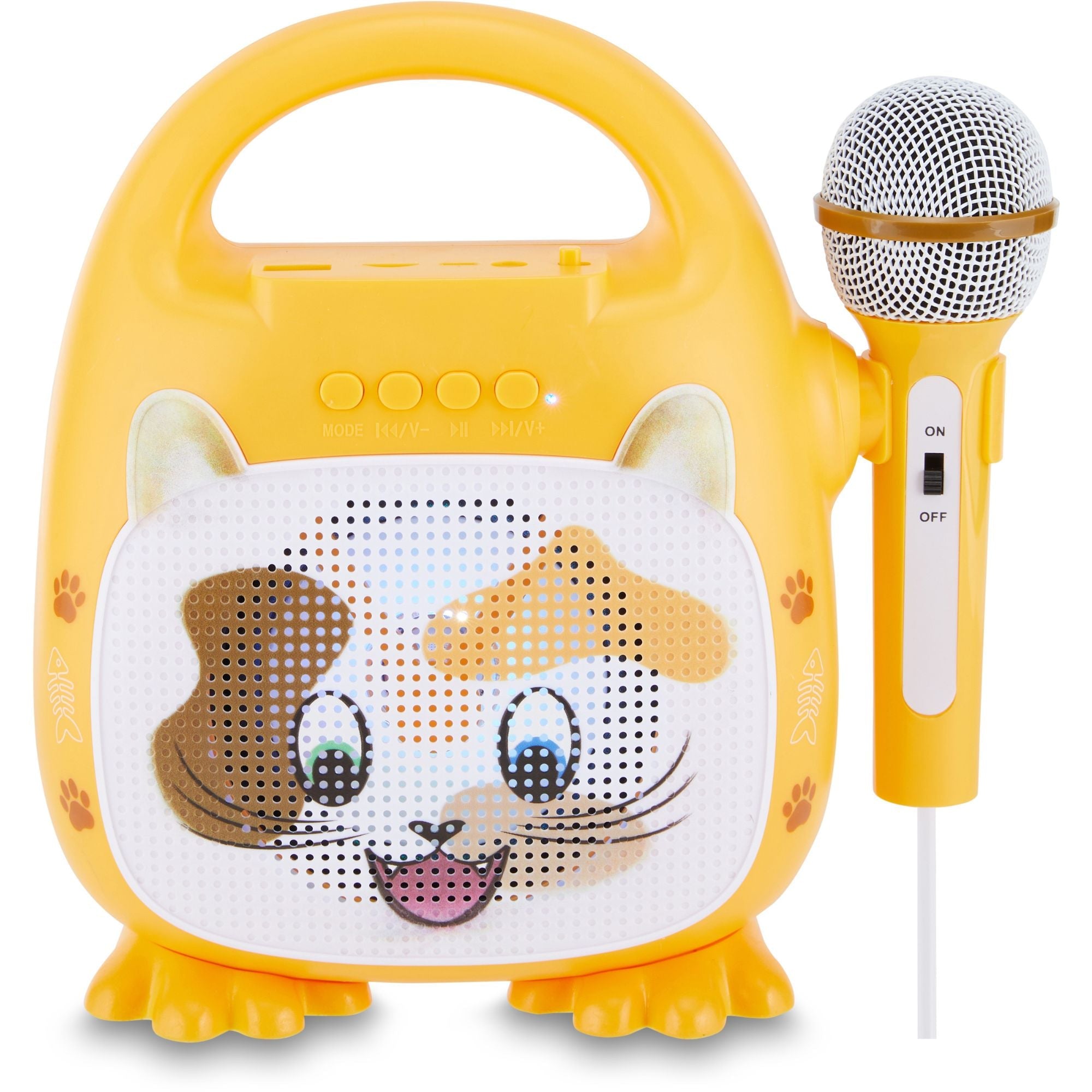 Karaoke infantil amarillo con altavoz de gato y dos micrófonos, vista frontal