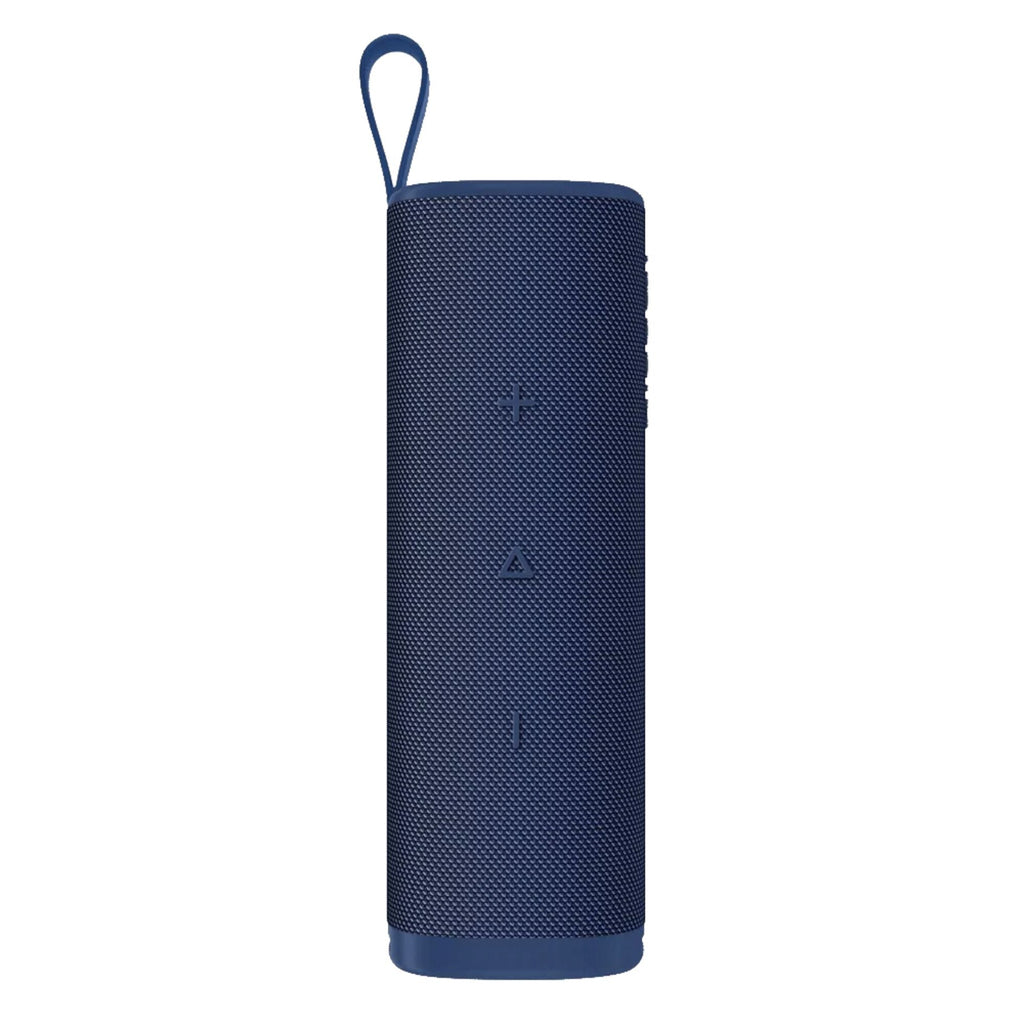 Parlante portátil Bluetooth azul con malla texturizada y tira central con botones