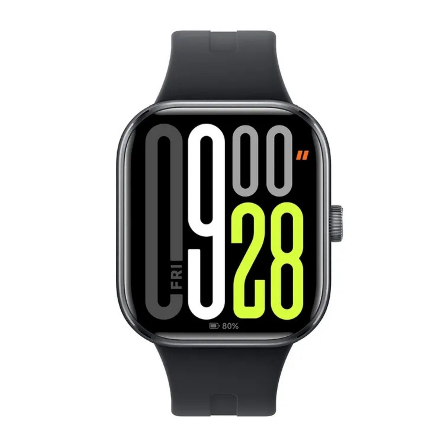 Smartwatch negro con pantalla rectangular en muñeca, vista cercana con chaqueta azul