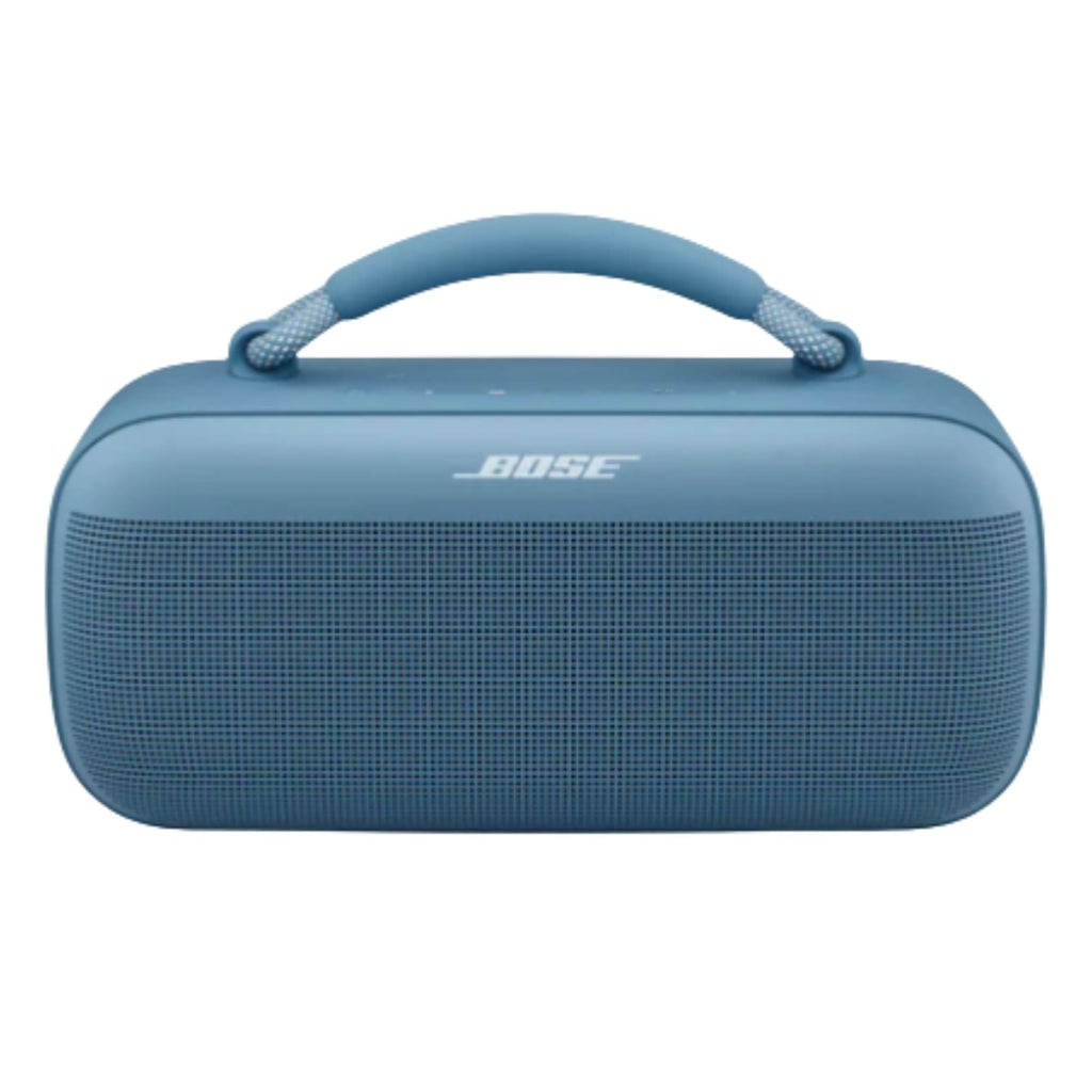 Parlante portátil Bose azul con asa superior y rejilla frontal en vista frontal