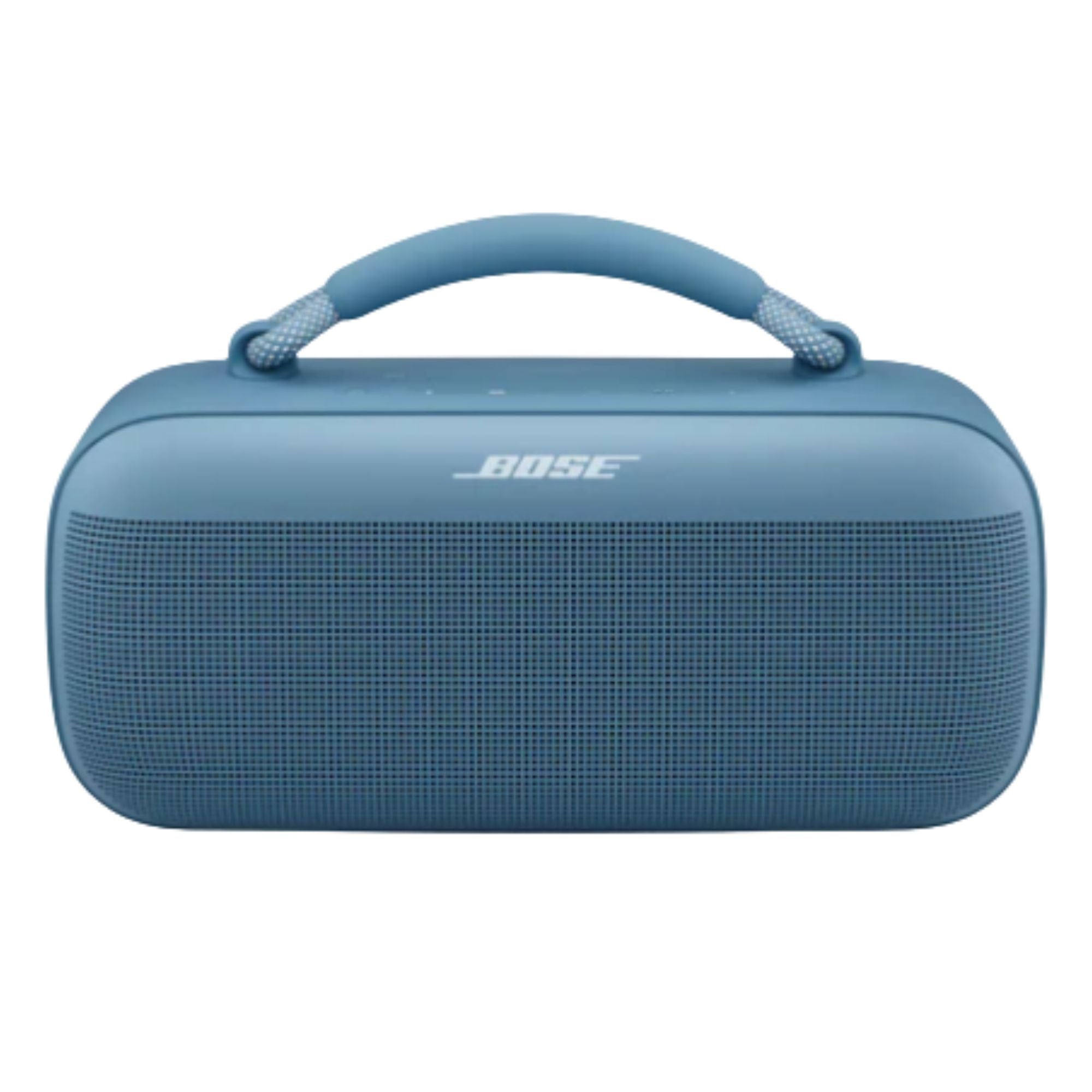 Parlante portátil Bose azul con asa superior y rejilla frontal en vista frontal