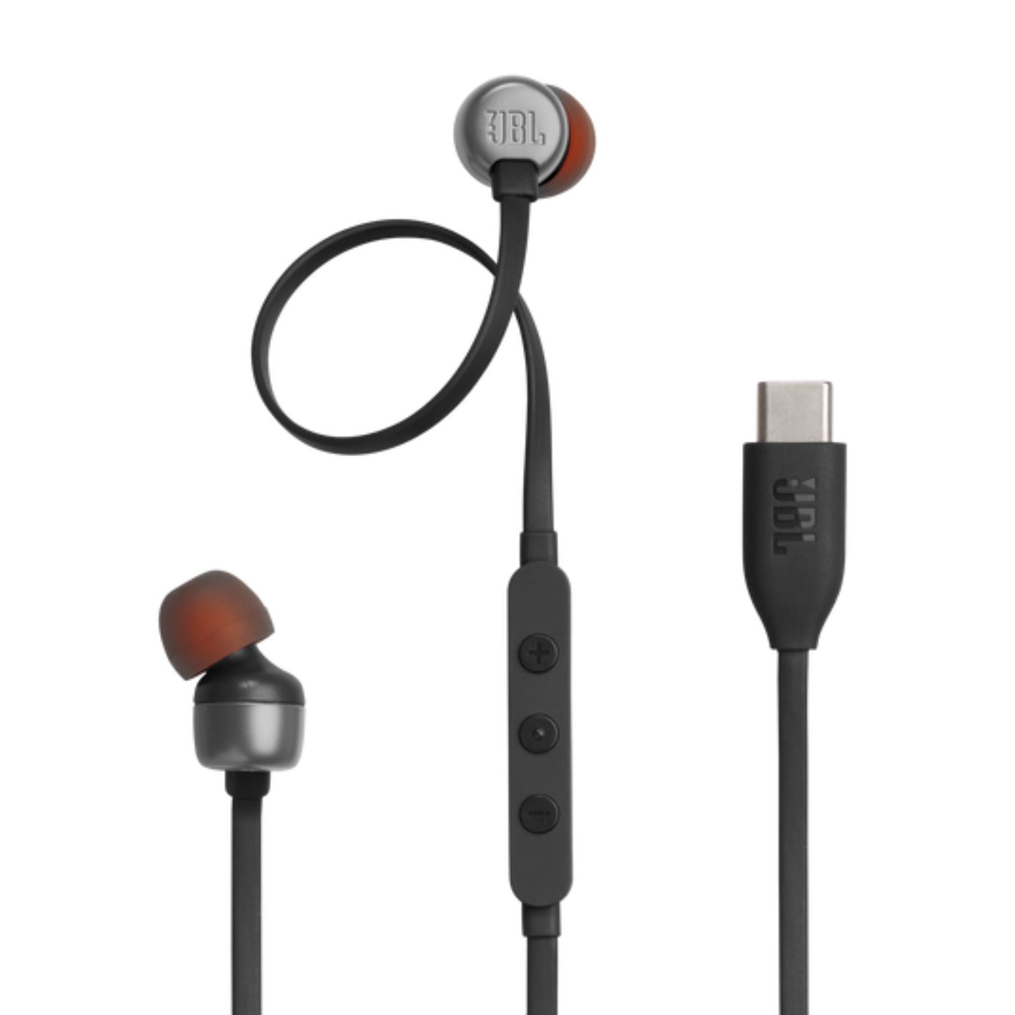 Audífonos JBL Tune 310C USB C con cable negro y caja blanca en vista diagonal