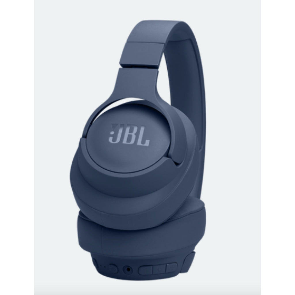 Audífonos JBL azul oscuro de diadema con controles laterales en vista diagonal