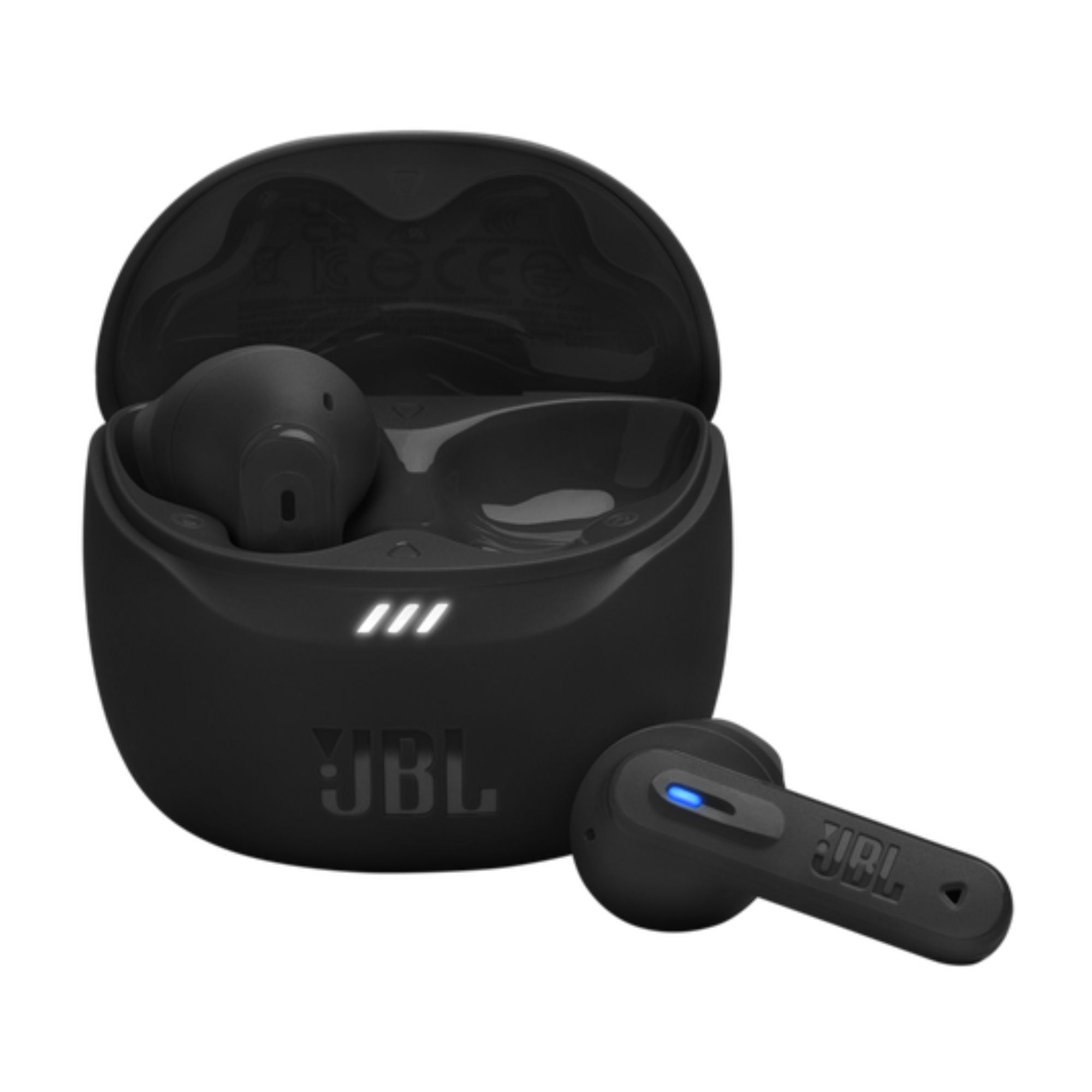 Estuche de carga JBL negro para audífonos, vista frontal con tres luces indicadoras