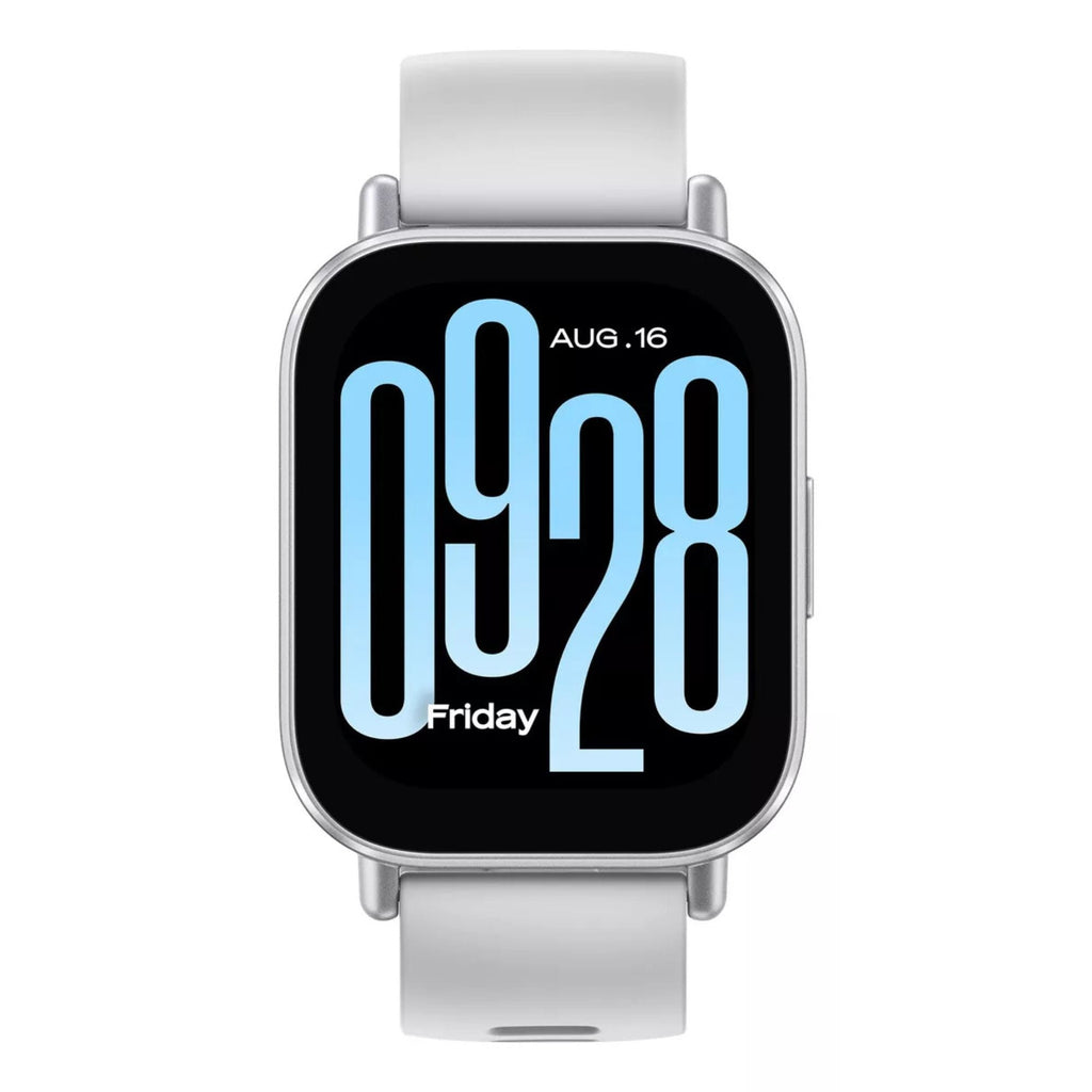 Reloj inteligente plateado con correa blanca y pantalla rectangular en vista diagonal