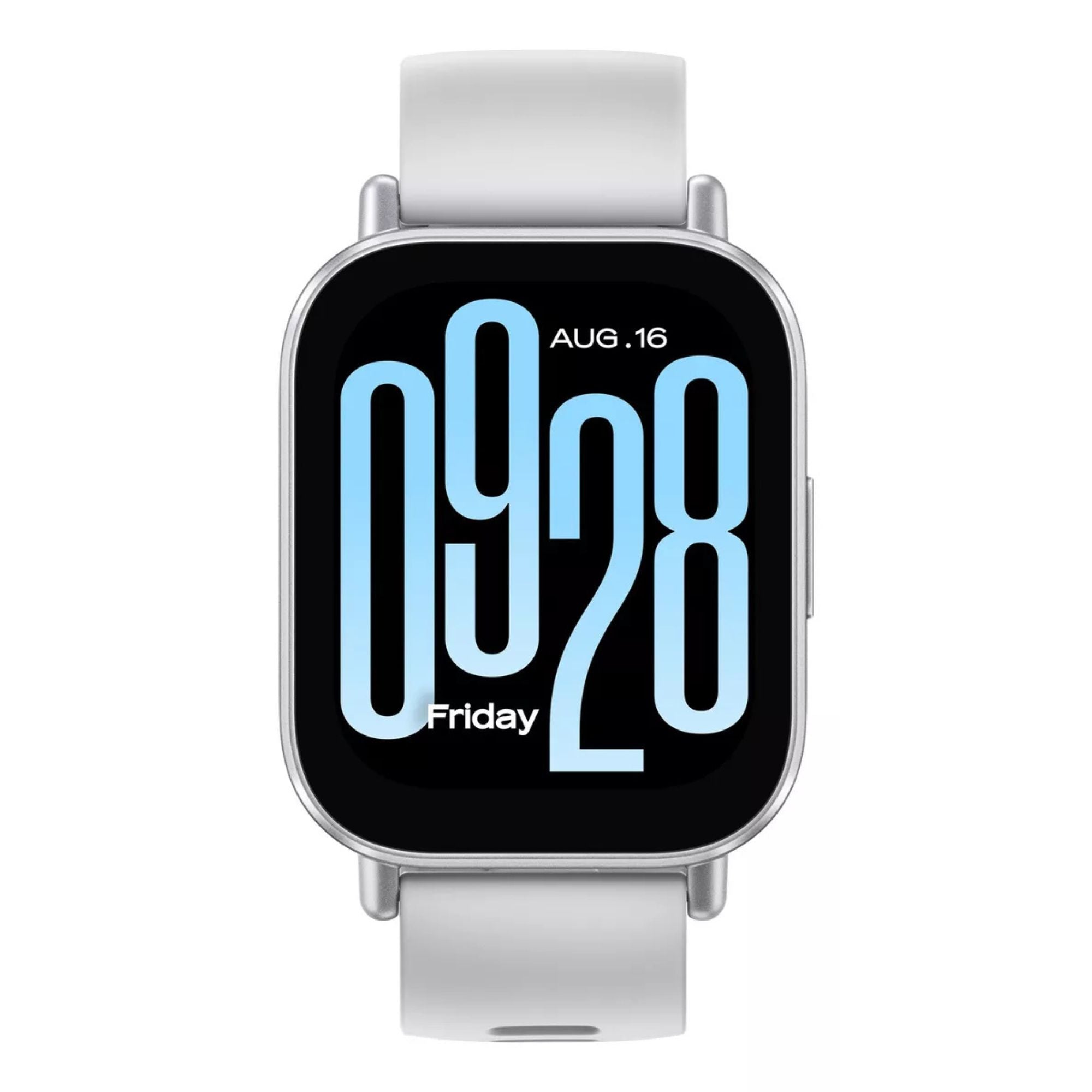 Reloj inteligente plateado con correa blanca y pantalla rectangular en vista diagonal