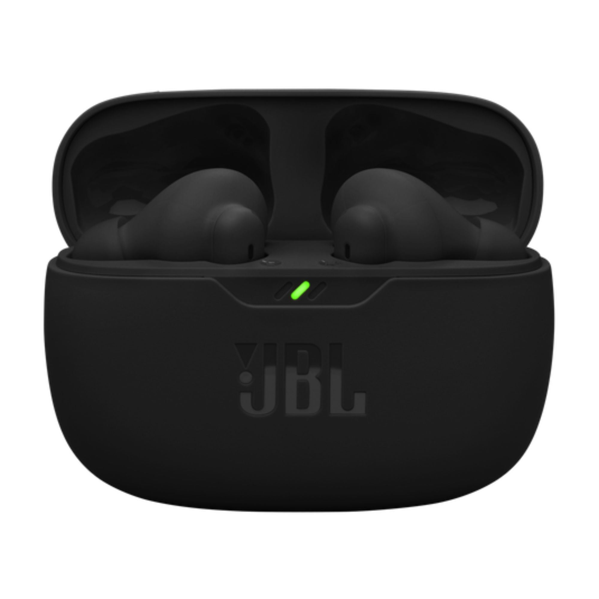 Estuche de carga JBL negro con logo frontal en vista de frente sobre fondo blanco