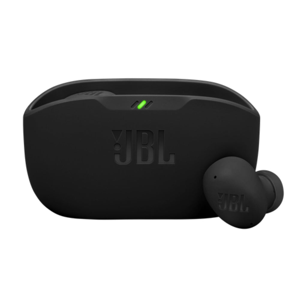 Audífonos JBL Wave Buds 2 negros con estuche de carga en caja vista diagonal