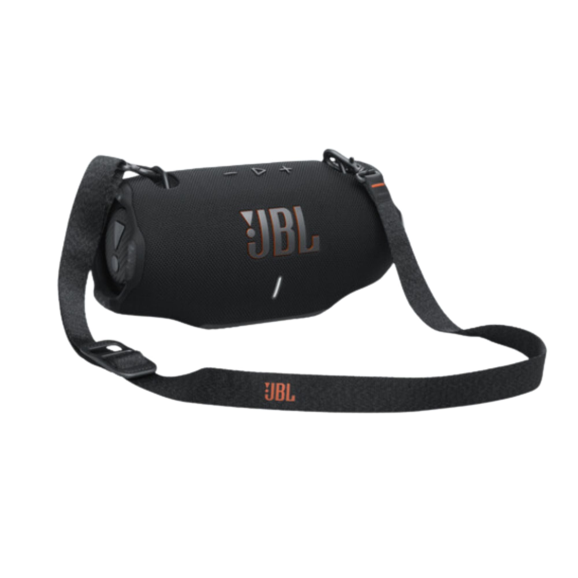 Parlante portátil JBL negro con correa y botones superiores en vista frontal diagonal