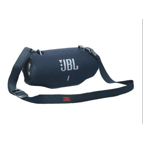Parlante portátil JBL azul oscuro con malla texturizada y botones frontales en primer plano