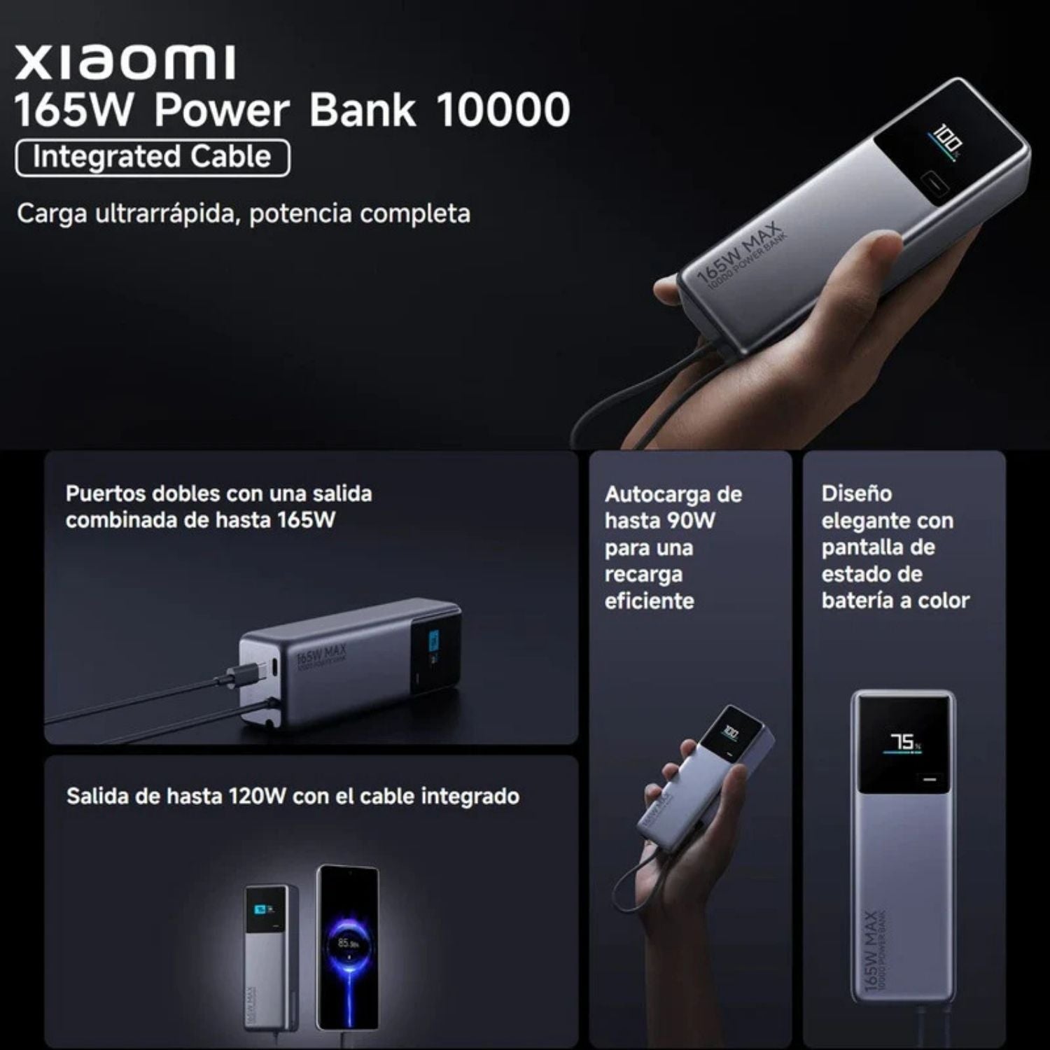 Bateria Xiaomi 165W 10.000 mAh Cable Tipo C Integrado Gris
