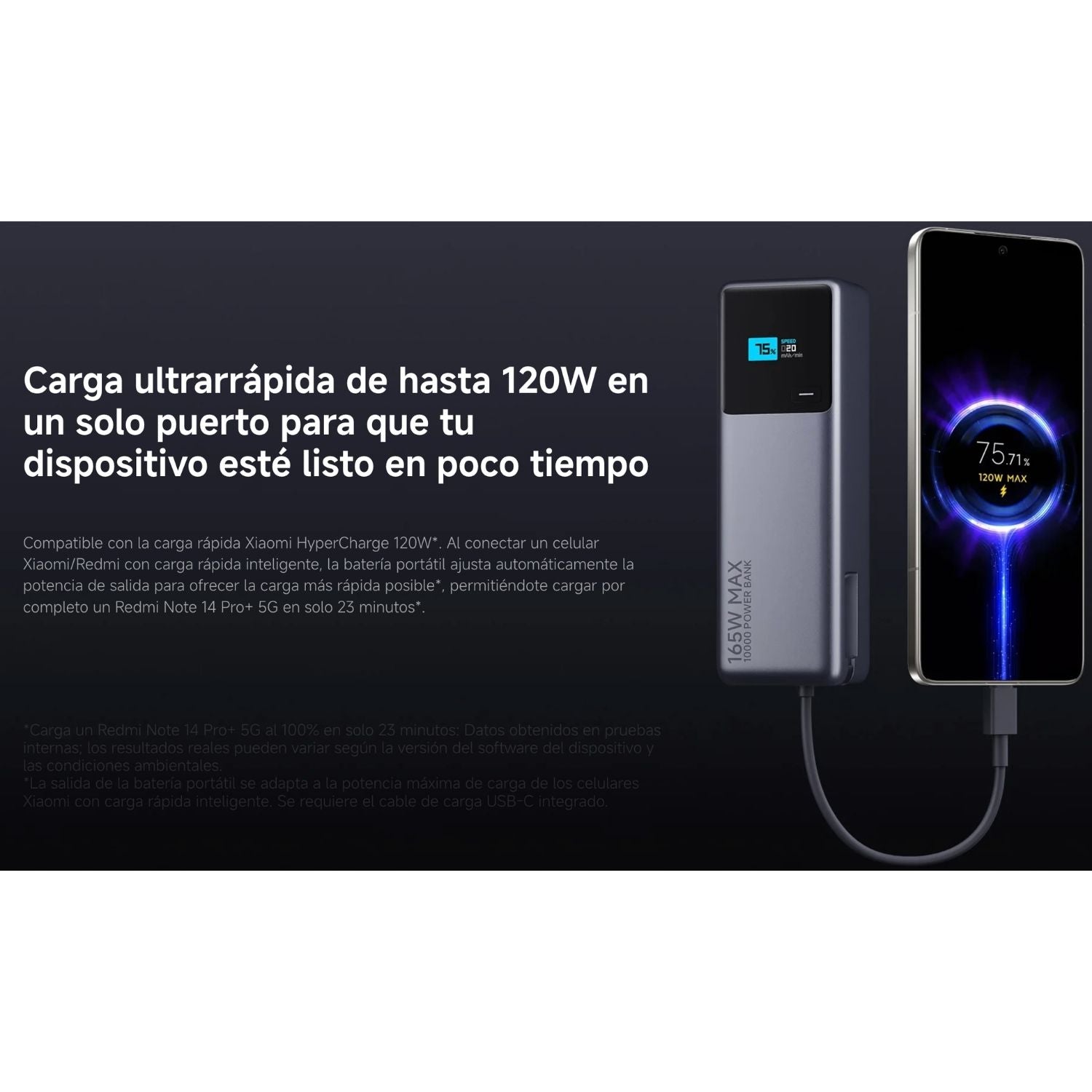Bateria Xiaomi 165W 10.000 mAh Cable Tipo C Integrado Gris