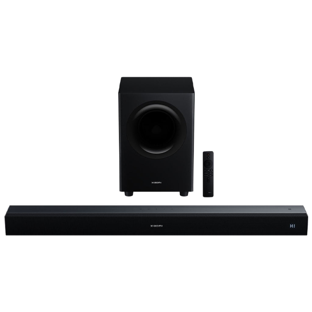 Barra de sonido Xiaomi negra en vista frontal con rejilla y modos de audio en pantalla