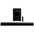 Barra de sonido Xiaomi negra en vista frontal con rejilla y modos de audio en pantalla