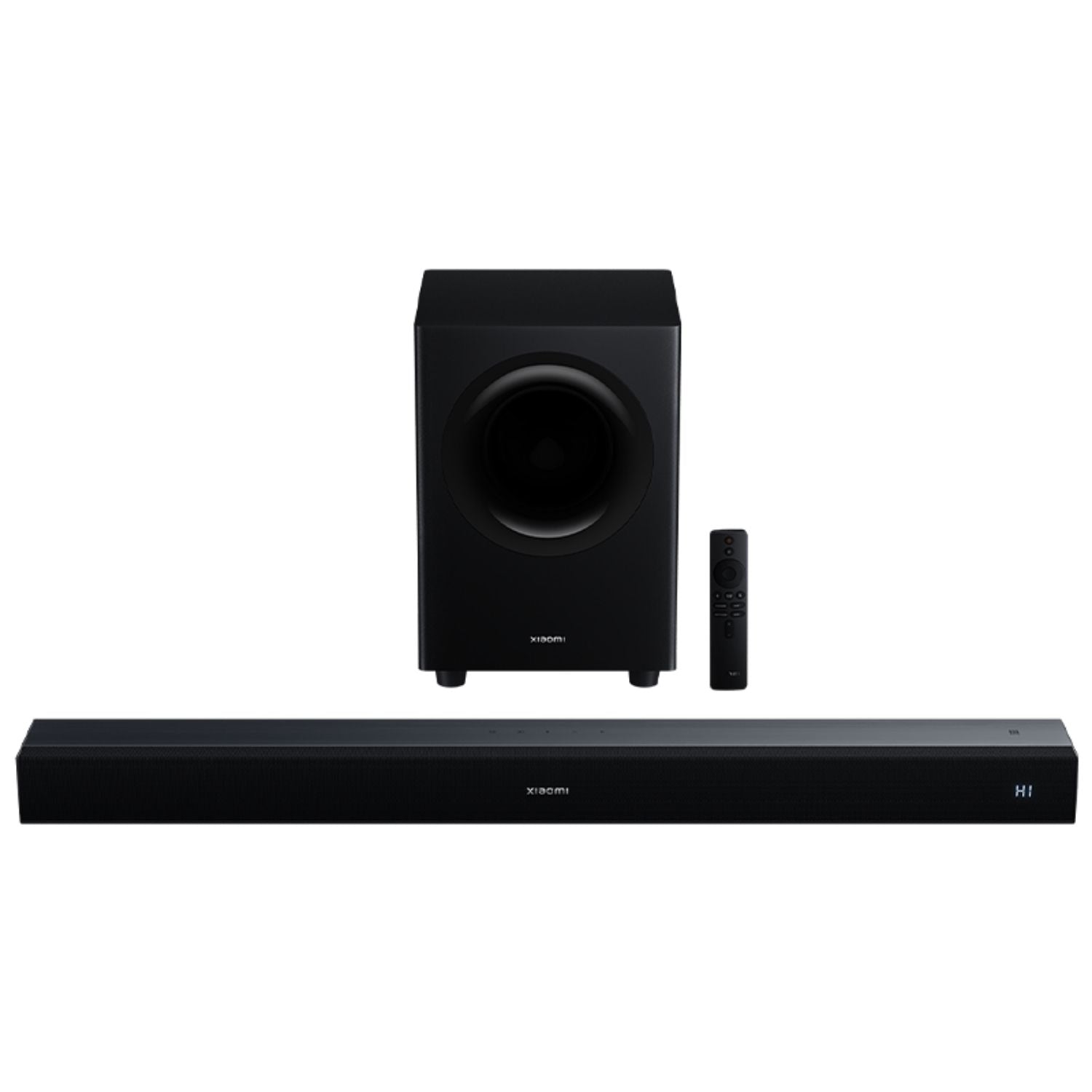 Barra de sonido Xiaomi negra en vista frontal con rejilla y modos de audio en pantalla